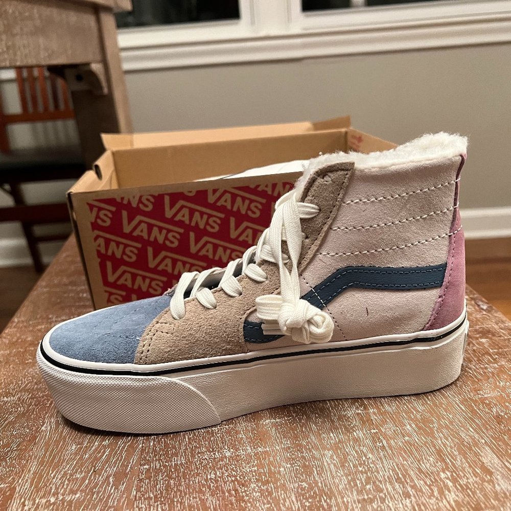 Vans Sk8-hi Tapered Platform Blue and Pink Sherpa Shoes
